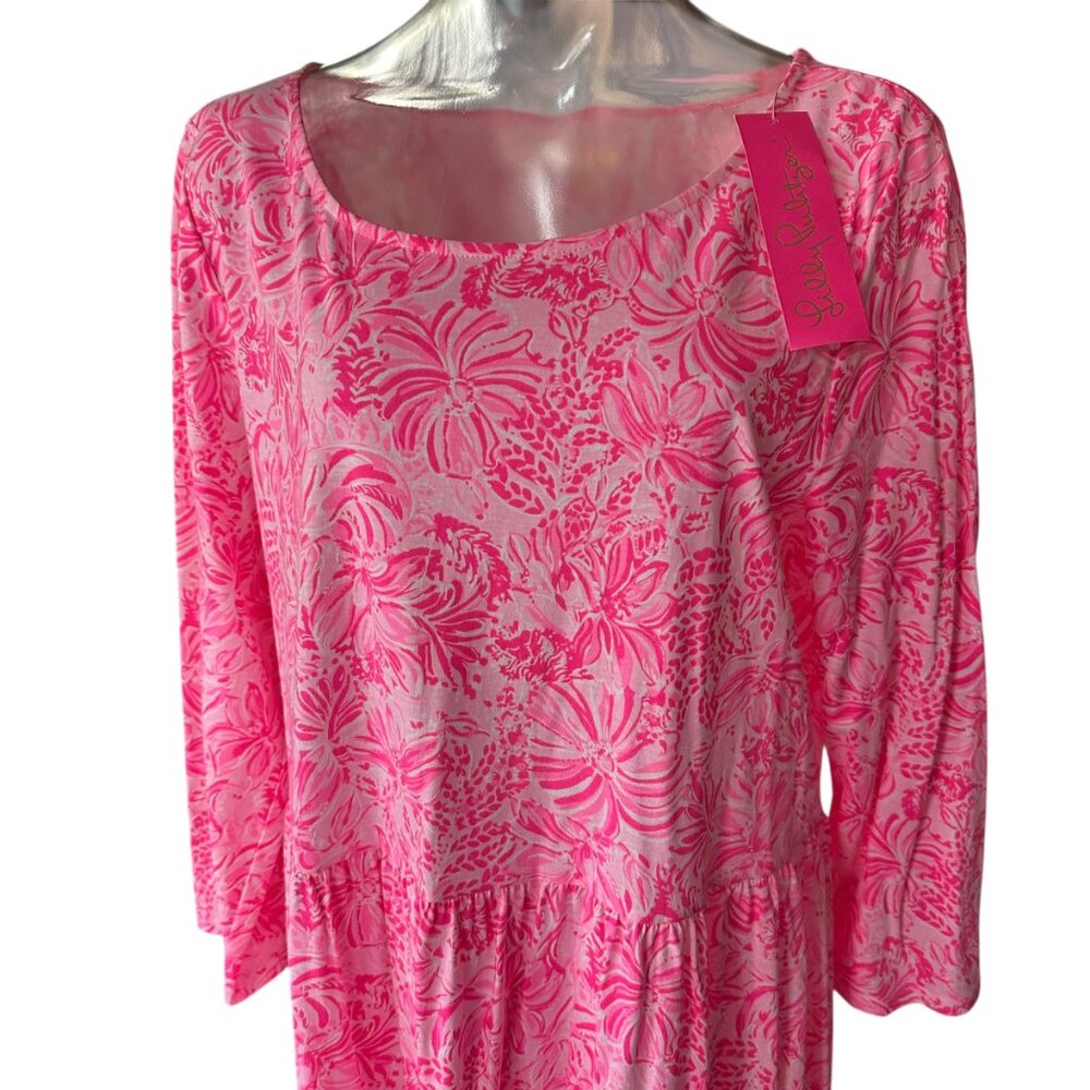 Lilly Pulitzer Women's GEANNA Dress Pink Blossom Foxy Llama 3/4 Sleeve XL - Picture 3 of 10